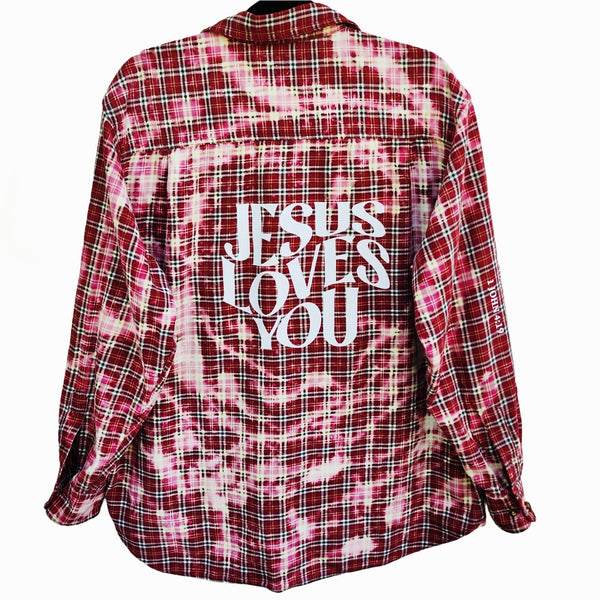 Jesus Loves You Custom Christian Upcycled Plaid Flannel Shirt, Unisex L