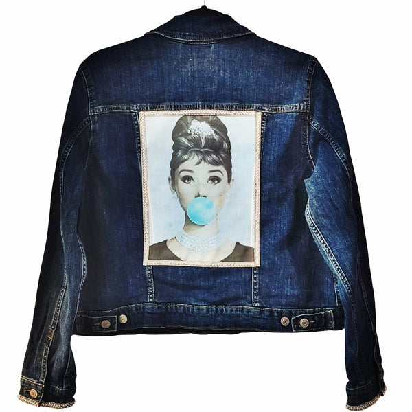 Audrey Hepburn Custom Christian Upcycled Jean Jacket, XL