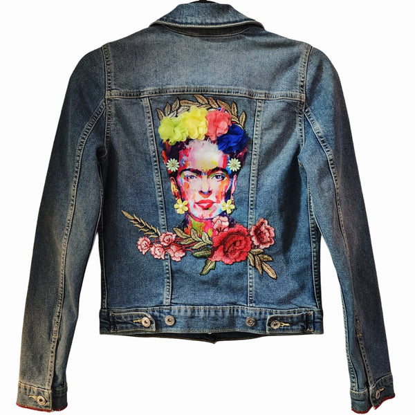 Frida Kahlo 3D Floral Custom Upcycled Jean Jacket, XS