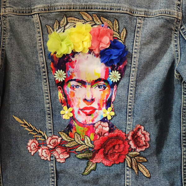 Frida Kahlo 3D Floral Custom Upcycled Jean Jacket, XS