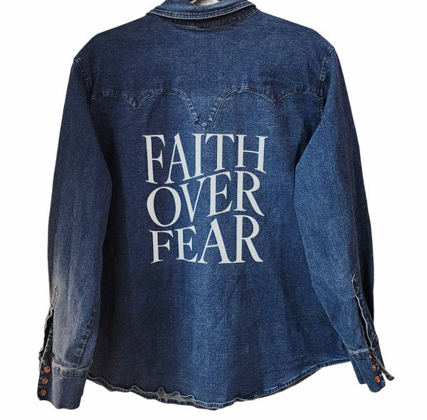 Faith Over Fear Custom Christian Upcycled Snap Button Western Denim Shirt, Women's 1X