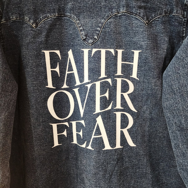 Faith Over Fear Custom Christian Upcycled Snap Button Western Denim Shirt, Women's 1X