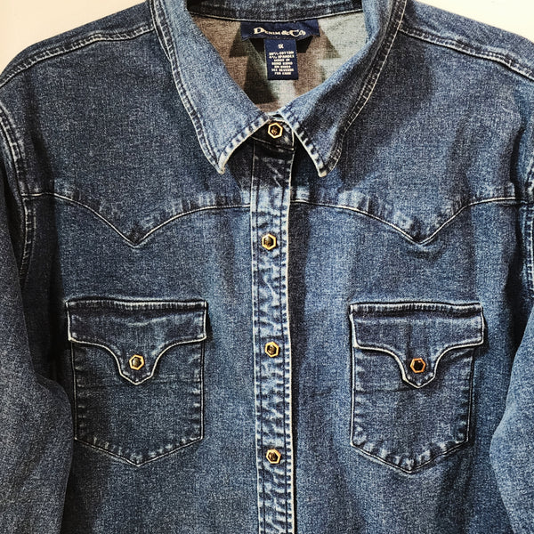Faith Over Fear Custom Christian Upcycled Snap Button Western Denim Shirt, Women's 1X