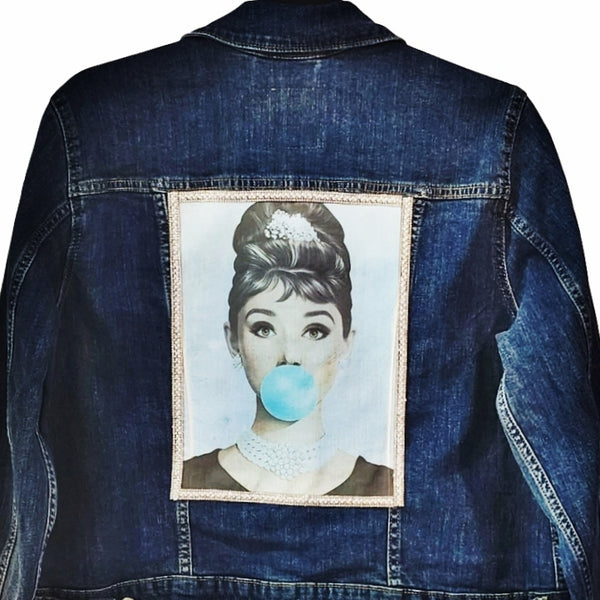 Audrey Hepburn Custom Christian Upcycled Jean Jacket, XL