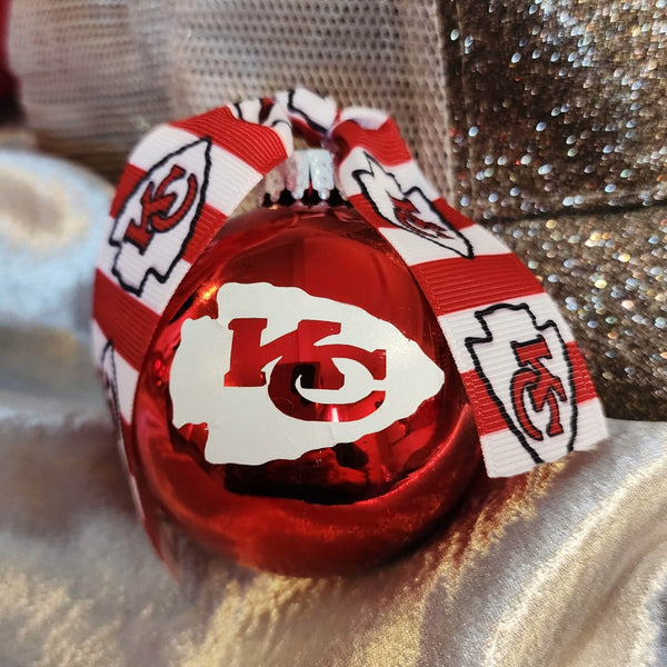 Kansas City Chiefs Handcrafted Red Glass Novelty Tree Ornament - Striped Ribbon Tree ornament Upcycled Gemz 