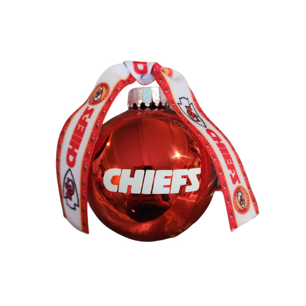 Kansas City Chiefs Handcrafted Red Glass Novelty Tree Ornament - Chiefs Logo Ribbon