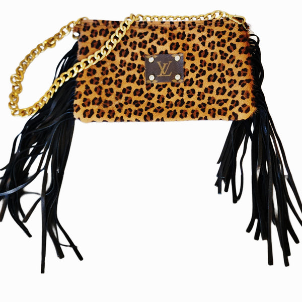 LV Monogram Patch on Hair on Hide Leopard Print Fringe Bag with Gold Shoulder Chain Strap