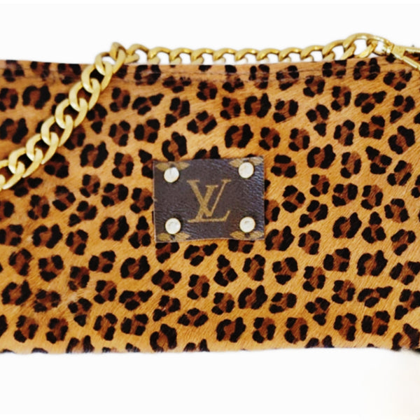 LV Monogram Patch on Hair on Hide Leopard Print Fringe Bag with Gold Shoulder Chain Strap