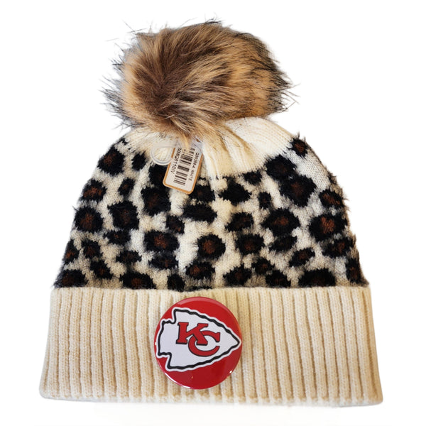 KC Chiefs Removable Large Button Leopard Pom Beanie - KC Arrow