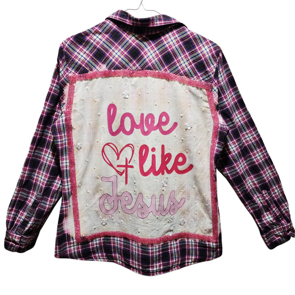 Love Like Jesus Custom Upcycled Plaid Shirt, Women's S