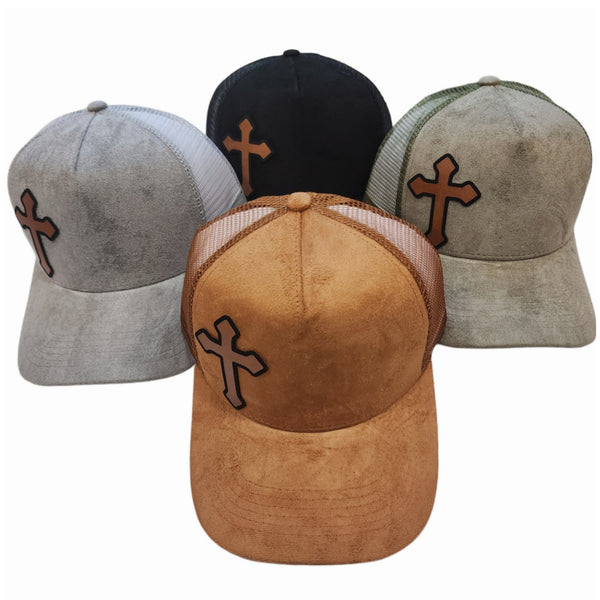 Suede Adjustable Baseball Caps Trucker Hats With Vegan Leather Cross, Unisex