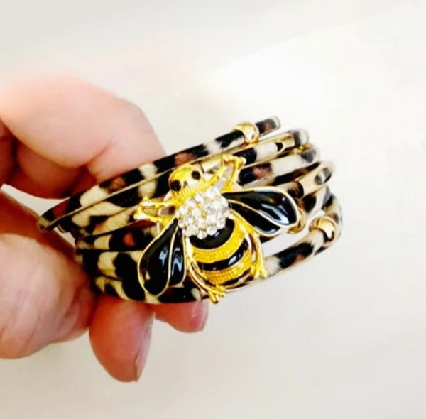 Interchangeable Bee Button Snap Charm on Multistrand Leopard Cuff Bracelet