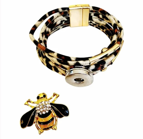 Interchangeable Bee Button Snap Charm on Multistrand Leopard Cuff Bracelet