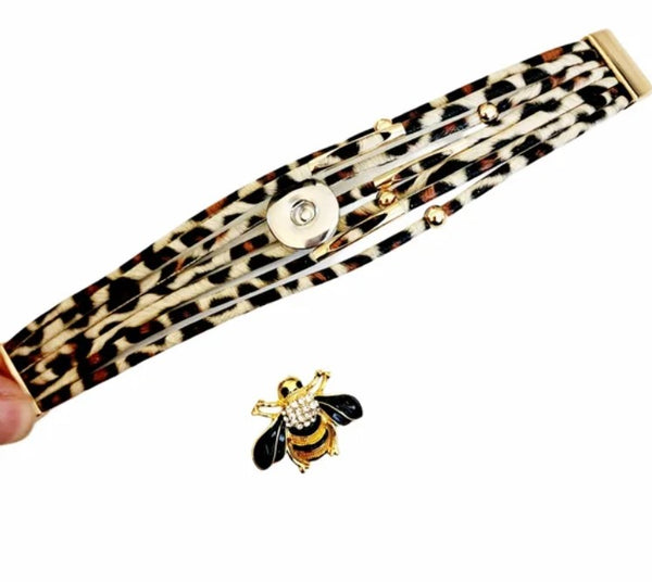 Interchangeable Bee Button Snap Charm on Multistrand Leopard Cuff Bracelet