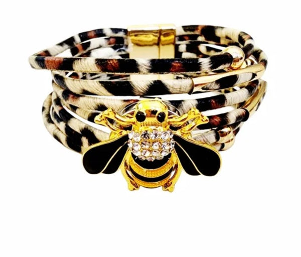 Interchangeable Bee Button Snap Charm on Multistrand Leopard Cuff Bracelet