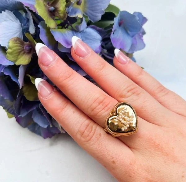 Repurposed Gold/White Pearl Button on Adjustable Gold Filigree Ring Base