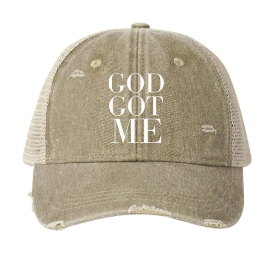 God Got Me Adjustable Mesh Snap Back Baseball Cap in Tan, Unisex