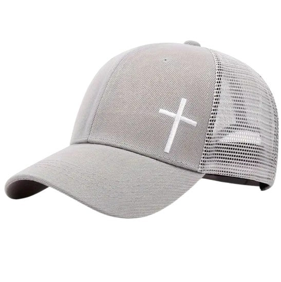 Gray Adjustable Mesh Snap Back Cap with White Embroidered Cross, Unisex