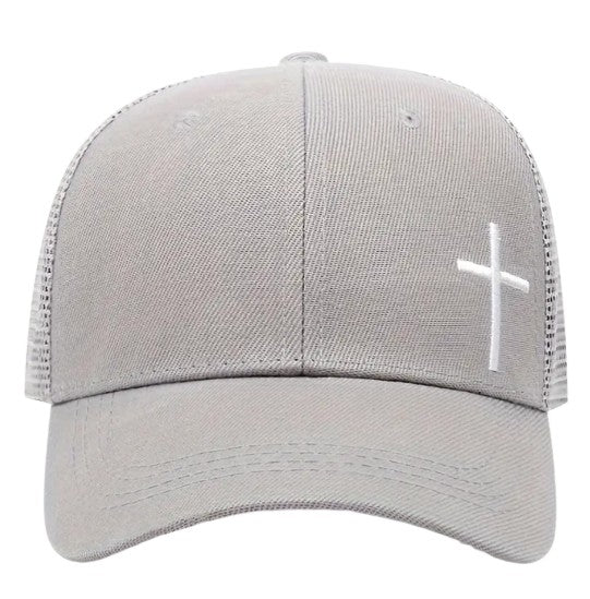 Gray Adjustable Mesh Snap Back Cap with White Embroidered Cross, Unisex