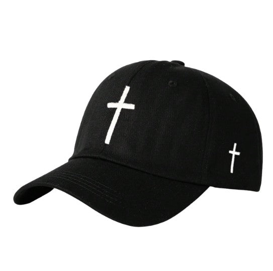 Black Relaxed Soft Adjustable Cap with White Embroidered Cross, Unisex