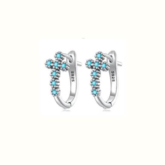 925 Sterling Silver Turquoise Zircon Inlay Cross Lever Back Earrings