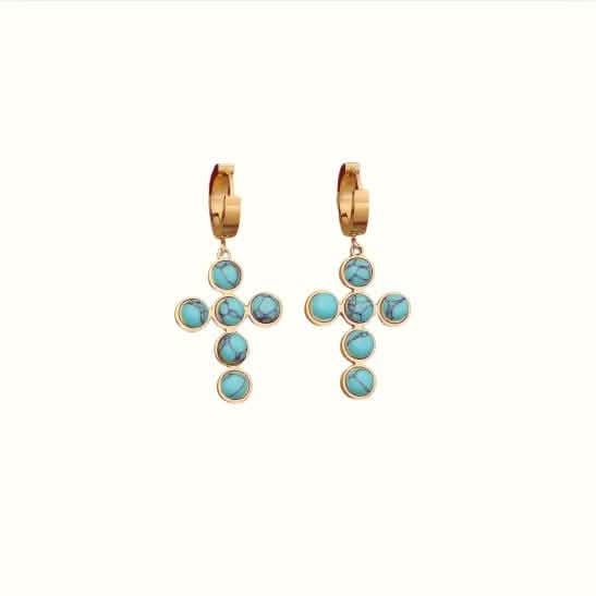 Stainless Steel Faux Turquoise Lever Back Cross Earrings