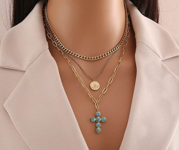 Multi-strand Imitation Cross Necklace Gold Plated Stainless Steel