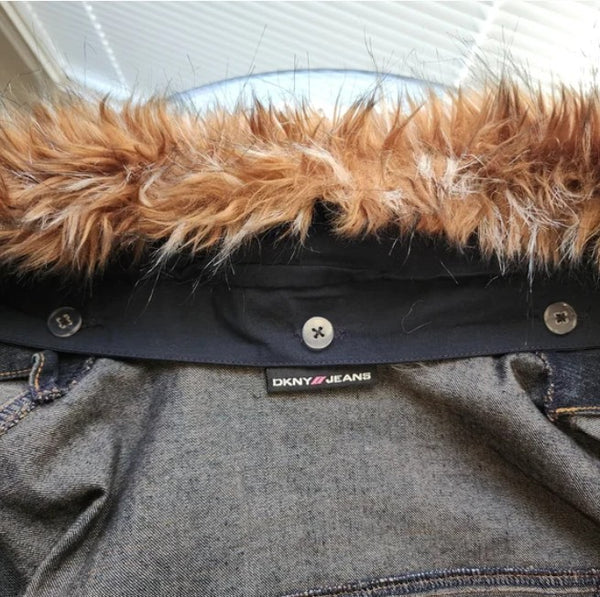 DKNY Jeans Denim Jacket w/ Custom Gucci Inspired Back Design with Removable Fur Collar, Size XS