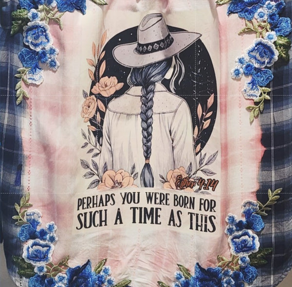 Perhaps You Were Born for Such a Time as This Custom Christian Upcycled Plaid Western Shirt, S