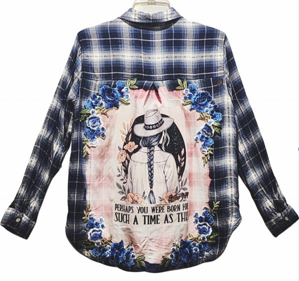 Perhaps You Were Born for Such a Time as This Custom Christian Upcycled Plaid Western Shirt, S