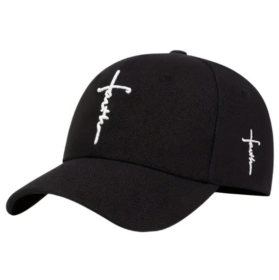 Black with White Embroidered Faith Adjustable Back Cap, Unisex