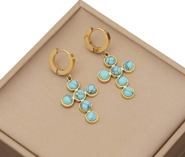 Stainless Steel Faux Turquoise Lever Back Cross Earrings