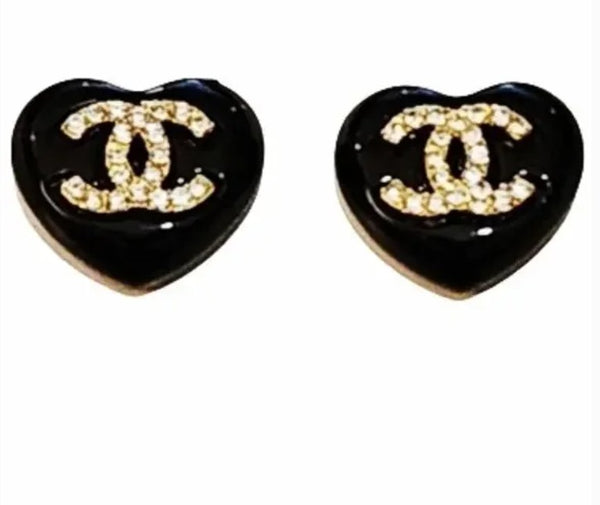 Designer CC Black Heart Rhinestone Buttons Repurposed into Earrings
