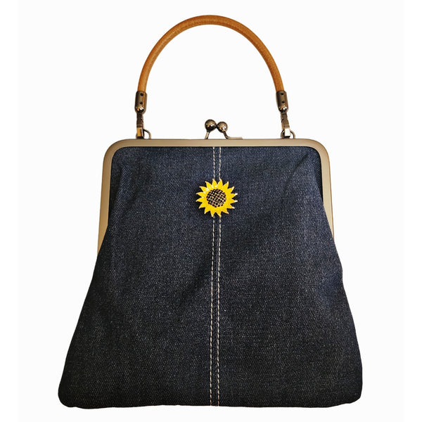 Interchangeable Sunflower Snap Charm Denim Crossbody Bag with Kiss Lock Clasp