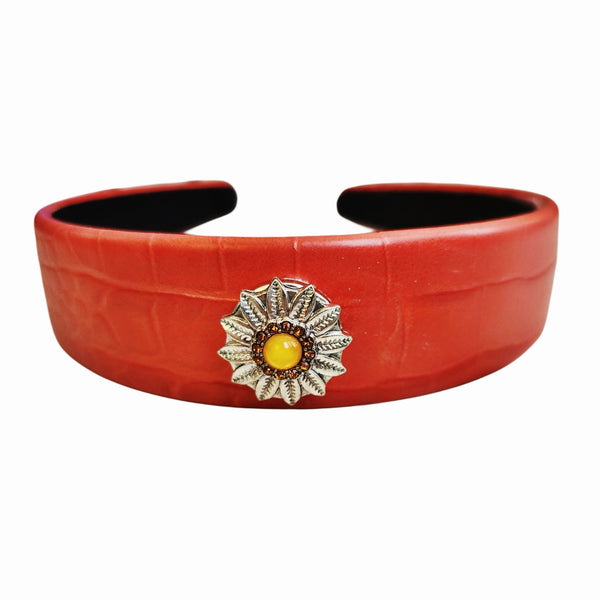 Interchangeable Sunflower Snap Charm Vegan Leather Headband in Red