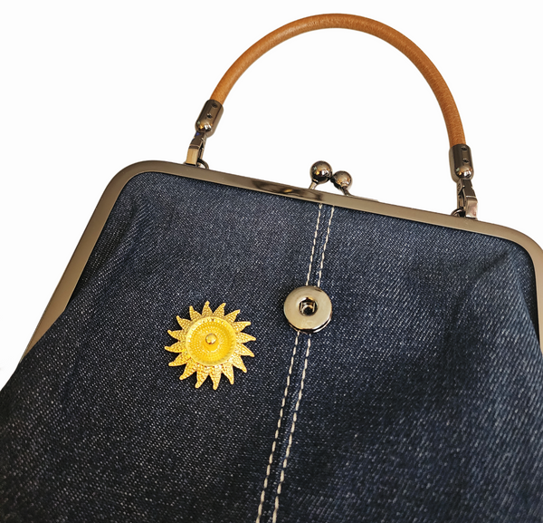 Interchangeable Sunflower Snap Charm Denim Crossbody Bag with Kiss Lock Clasp