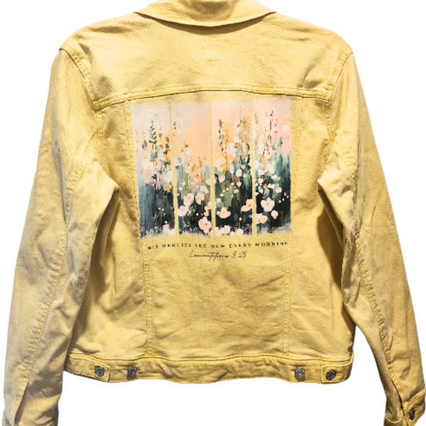 His Mercies Are New Every Morning Custom Upcycled Yellow Jean Jacket, Women's L