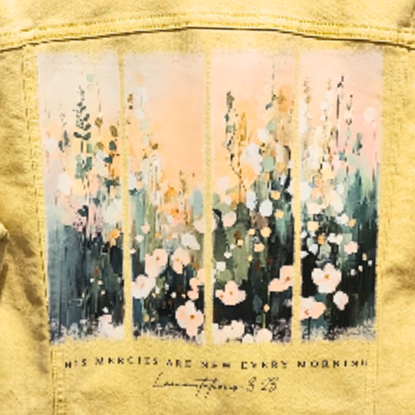 His Mercies Are New Every Morning Custom Upcycled Yellow Jean Jacket, Women's L
