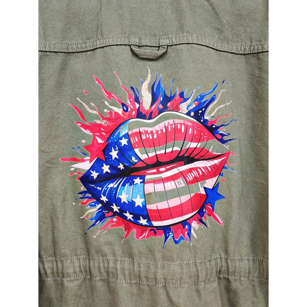 Patriotic Red, White & Blue Custom Lip on Repurposed Army Green Safari Jacket XL