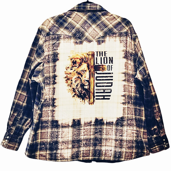 Lion of Judah Custom Christian Upcycled Plaid Flannel Pearl Snap Button Long Sleeve Shirt, Men's XL/XXL