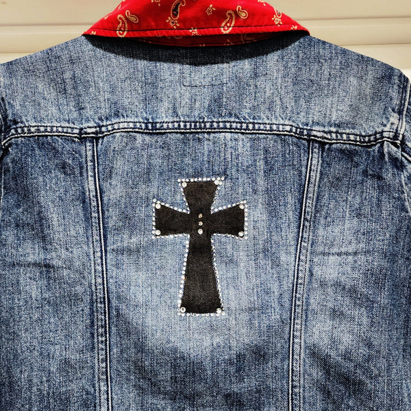 Christian Cross Handpainted W/Rhinestone Details on Vintage Levi's Jean Jacket, M