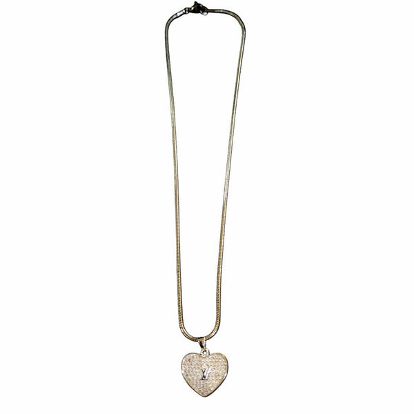 LV Rhinestone Silver Heart Charm on Stainless Steel Chain