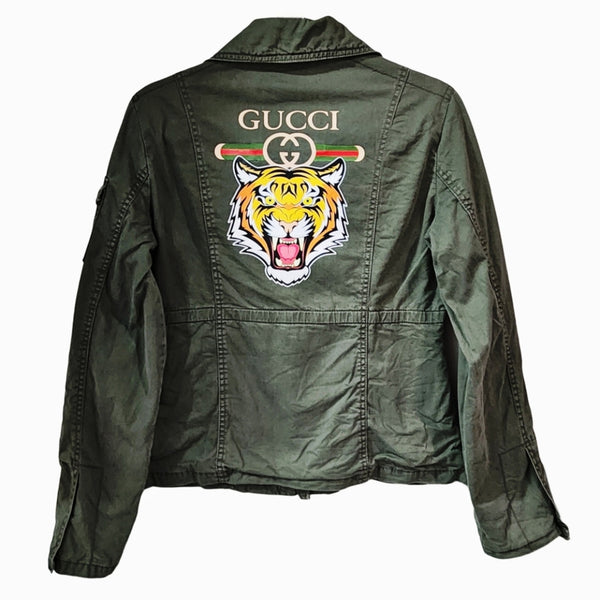 Safari Style Utility Jacket Upcycled With GG Inspired Back Design, M