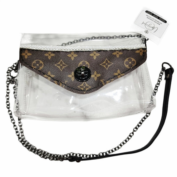 Clear Stadium Bag W/ Repurposed Handsewn LV Canvas Flap, Removable Gunmetal Chain
