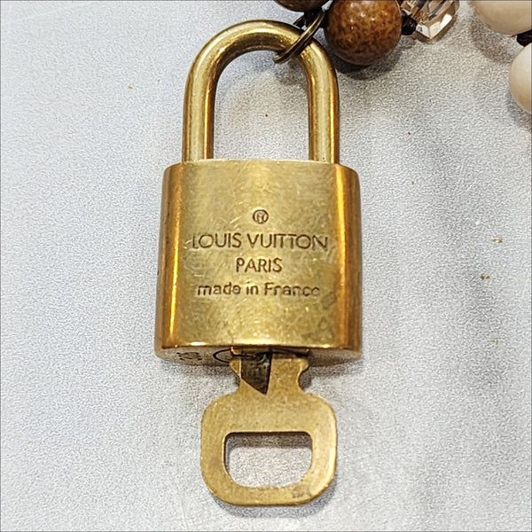 Louis Vuitton Gold Padlock & Key Repurposed Neutral Beaded Statement Necklace