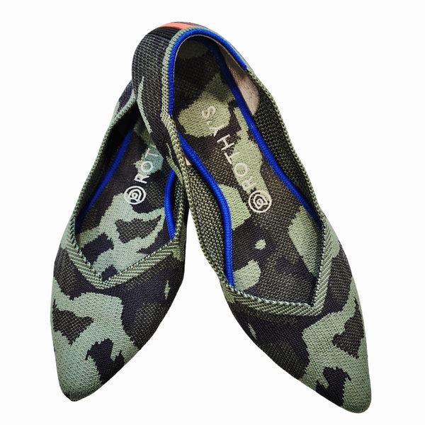 Rothy's Pointed Toe Camouflage Washable Flats Wiyh Blue & Orange Details, Size 9