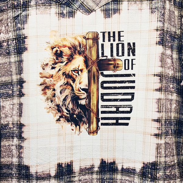 Lion of Judah Custom Christian Upcycled Plaid Flannel Pearl Snap Button Long Sleeve Shirt, Men's XL/XXL