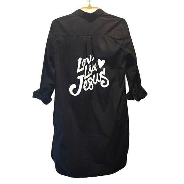 Love Like Jesus Custom Upcycled Long Black Cotton Smock Shirt Top, Small