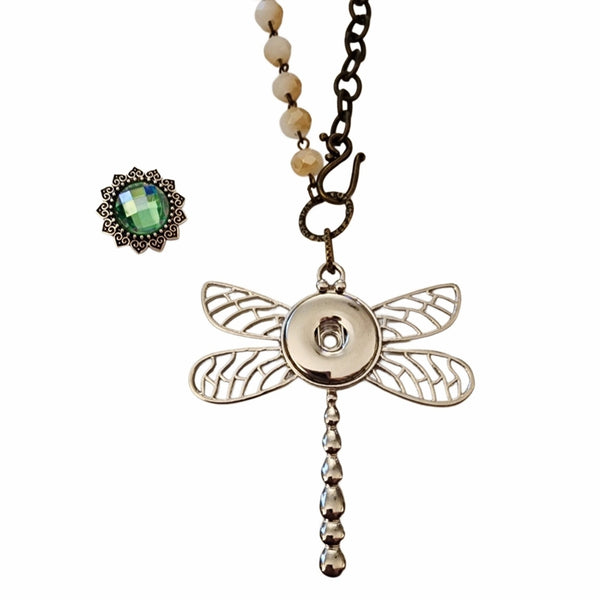 Interchangeable Snap Charm Dragonfly Pendant Beaded Necklace