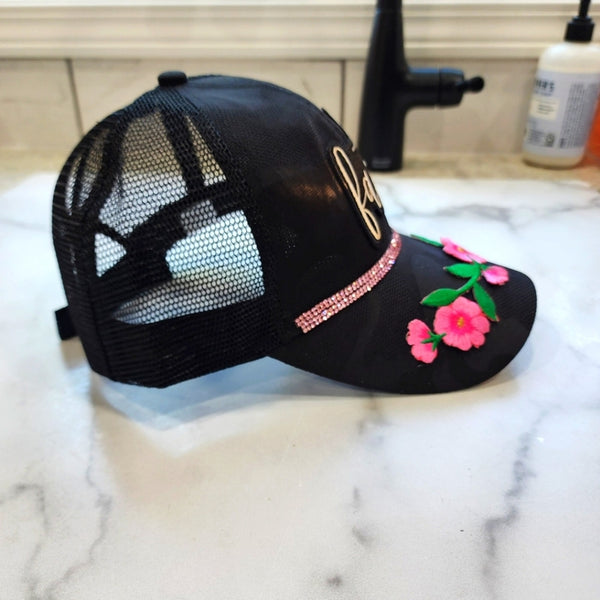 Faith Floral Handcrafted Black Camo Ponytail Cap With Pink Rhinestones